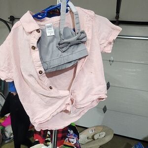 Pink Striped Kids Shirt with Grey Bowtie